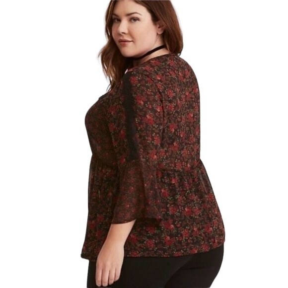 Torrid Dark Floral Print Chiffon Lace Inset Blouse Flare Sleeve Ruffle Tie Neck - Picture 2 of 16